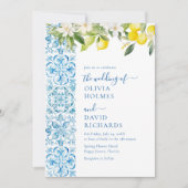Moderne mediterrane blaue Fliesen und Lemon Weddin Einladung (Vorderseite)