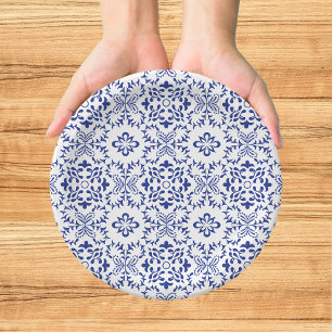 Moderne mediterrane blaue Mosaik-Hochzeit Pappteller