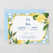 Moderne mediterrane Blauen und Zitronen Save the D Ankündigungspostkarte (Vorne/Hinten)