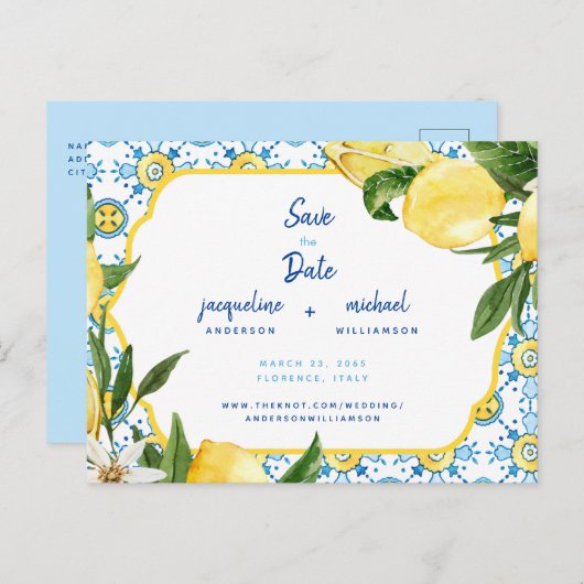 Moderne mediterrane Blauen und Zitronen Save the D Ankündigungspostkarte (Vorne/Hinten)