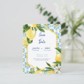 Moderne mediterrane Blauen und Zitronen Save the D Einladung (Stehend Vorderseite)