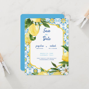 Moderne mediterrane Blauen und Zitronen Save the D Einladung