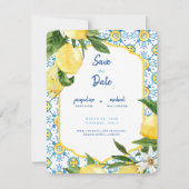 Moderne mediterrane Blauen und Zitronen Save the D Einladung (Vorderseite)