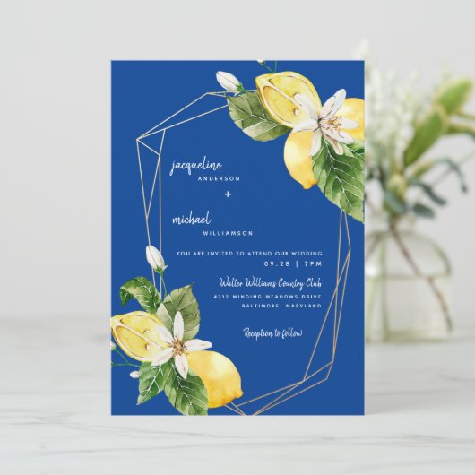 Moderne mediterrane bläuliche Lemons Einladung (Stehend Vorderseite)