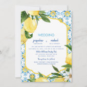 Moderne mediterrane Blue & Lemons Wedding Einladung (Vorderseite)
