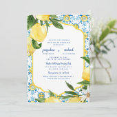 Moderne mediterrane Cobalt Blue & Lemons Eltern Einladung (Stehend Vorderseite)