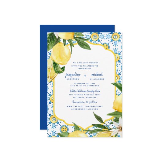 Moderne mediterrane Cobalt Blue & Lemons Eltern Einladung (Vorderseite/Rückseite Beispiel)