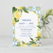 Moderne mediterrane Cobalt Blue & Lemons Wedding Einladung (Stehend Vorderseite)