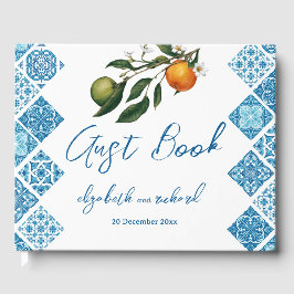 Moderne mediterrane Lemon Blue Tiles Wedding Gästebuch