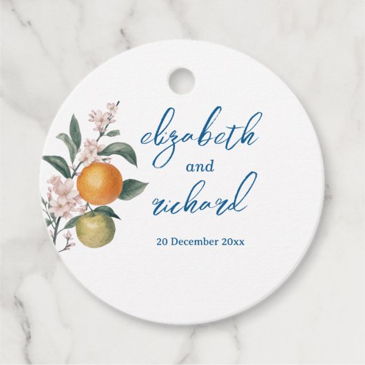 Moderne mediterrane Lemon Blue Tiles Wedding Geschenkanhänger (Vorderseite)