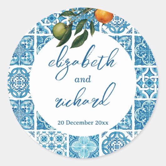 Moderne mediterrane Lemon Blue Tiles Wedding Runder Aufkleber (Vorderseite)