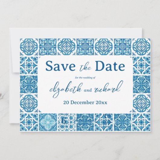 Moderne mediterrane Lemon Blue Tiles Wedding Save The Date (Vorderseite)