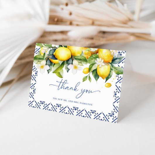 Moderne mediterrane Lemon-Hochzeit Dankeskarte