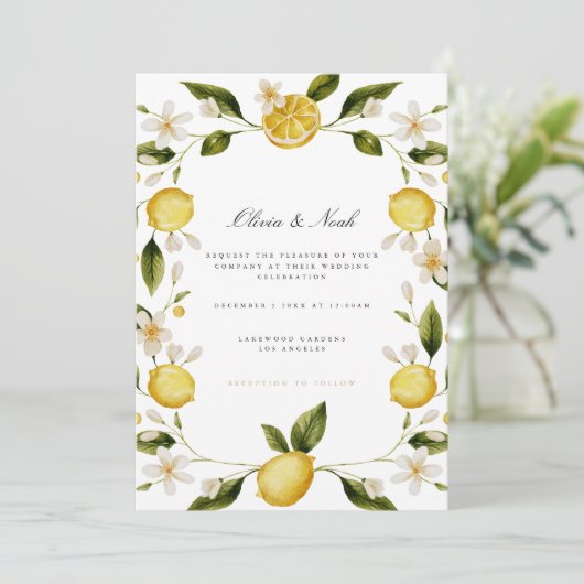 Moderne Mediterrane Lemon Hochzeitskarte Einladung (Stehend Vorderseite)