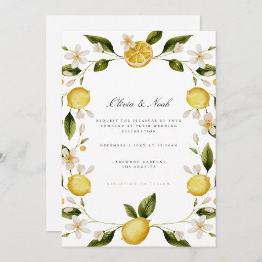 Moderne Mediterrane Lemon Hochzeitskarte Einladung (Vorne/Hinten)