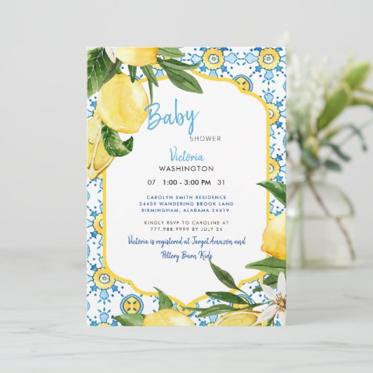 Moderne mediterrane Lemons & Blue Baby Dusche Einladung (Stehend Vorderseite)