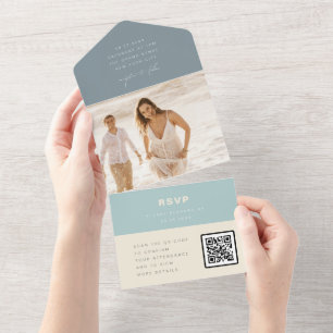 Moderne Meer Glas Staubblau Hochzeit QR-Code RSVP All In One Einladung