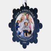 Moderne Meere und Grüße Blue Wood Print Ornament Karte (Linke Ecke)