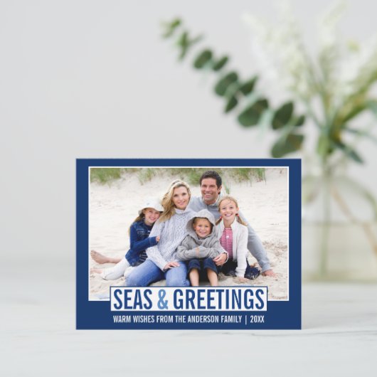 Moderne Meere und Grüße Familie Foto Blau Postkarte (Stehend Vorderseite)