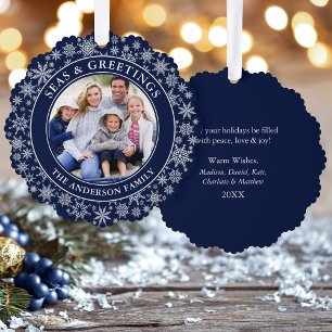 Moderne Meere und Grüße Foto Snowflakes Blau Ornament Karte