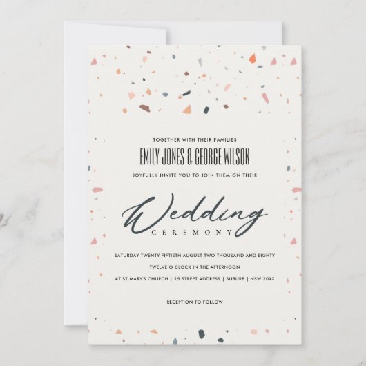 MODERNE MEHRFARBENE TERRAZZO PATTERN WEDING INVITE DANKESKARTE (Vorderseite)