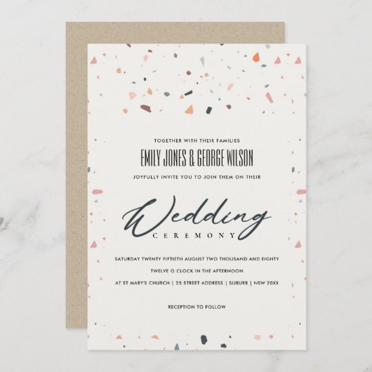 MODERNE MEHRFARBENE TERRAZZO PATTERN WEDING INVITE DANKESKARTE (Vorne/Hinten)