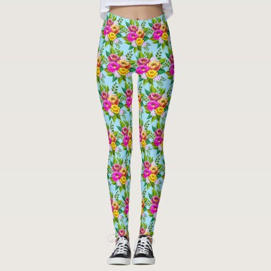 Moderne mehrfarbige Blume auf Light Blue Leggings (Vorderseite)