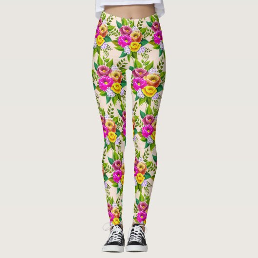 Moderne mehrfarbige Blume über Elfenbein Leggings (Vorderseite)