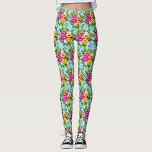 Moderne mehrfarbige Blumen auf Hellblau Leggings