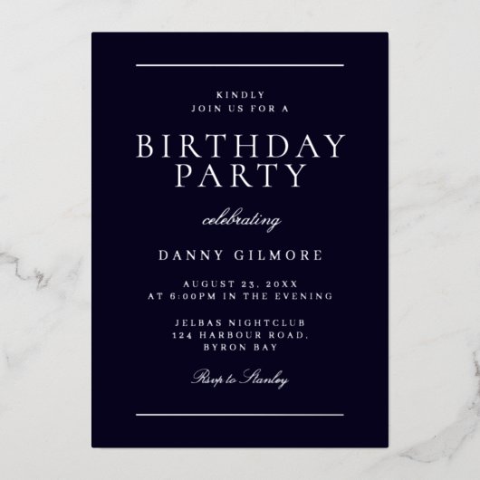 Moderne Mens Geburtstagsparty Black & Silver Folieneinladung (Vorderseite)