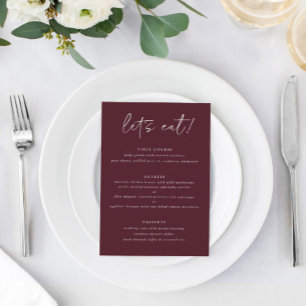 Moderne Merlot-Hochzeitsmenükarte mit Danke auf de Menükarte