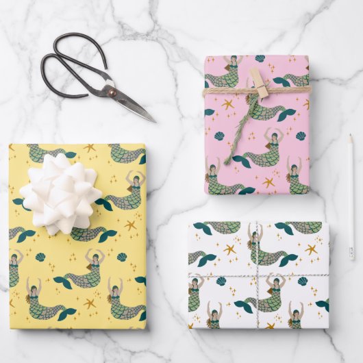 Moderne Mermaid Siren Theme Illustration Geschenkpapier Set (Vorderseite)