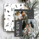 Moderne Merry 2 Foto Schwarzer Winter Wasserfarbe Feiertagskarte<br><div class="desc">Dieses Jahr lass deinen Freunden und der Familie wissen, dass dir die moderne Merry 2 Foto Black Winter Watercolor Weihnachtskarte am Herzen liegt. Es ist nicht nur stilvoll und zeitgemäß, es bietet auch genug Platz, um zwei der beliebtesten Erinnerungen aus dem vergangenen Jahr einzuschließen. Das Design ist sauber und minimalistisch...</div>
