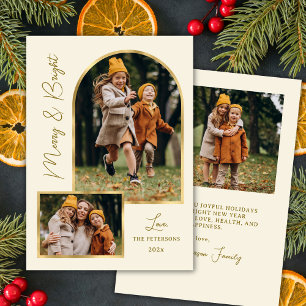 Moderne Merry and Bright Schriftzug Goldener Bogen Feiertagskarte