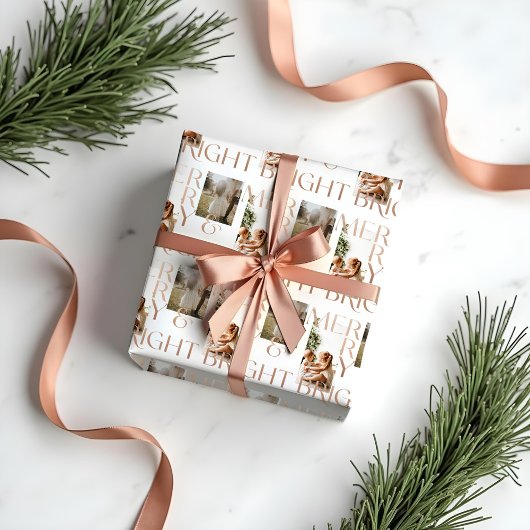 Moderne Merry Bright Bold Typografie 2 Foto White Geschenkpapier