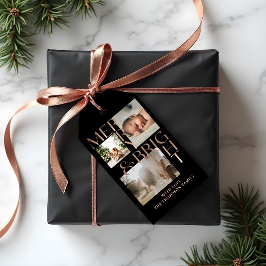 Moderne Merry Bright Bold Typografie 3 Foto Black Geschenkanhänger