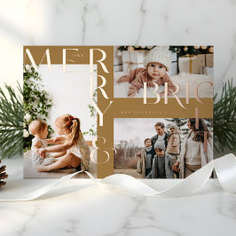 Moderne Merry Bright Bold Typografie 3 Foto Golden Folien Feiertagskarte
