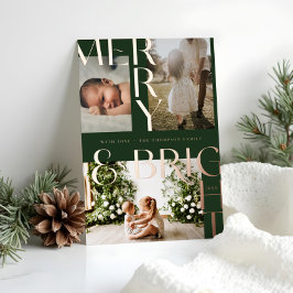 Moderne Merry Bright Bold Typografie 3 Foto Green Folien Feiertagskarte