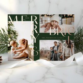 Moderne Merry Bright Bold Typografie 3 Foto Green Folien Feiertagskarte