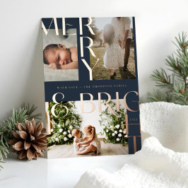 Moderne Merry & Bright Bold Typografie 3 Foto Navy Folien Feiertagskarte
