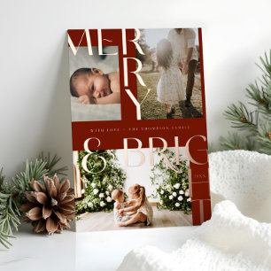 Moderne Merry & Bright Bold Typografie 3 Foto Red Folien Feiertagskarte