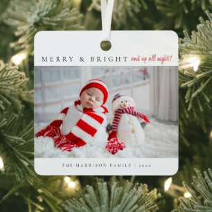 Moderne Merry & Bright Geburtsstatistiken Fotos Ornament Aus Metall