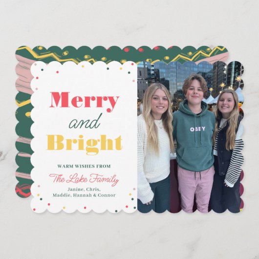 Moderne Merry & Bright Vertical Foto Holiday Card Einladung (Vorne/Hinten)