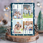 Moderne MERRY CHRISTMAS Foto Collage Trees Feiertagskarte<br><div class="desc">Moderne Ferien-Bäume Design mit einem schlanken Text MERRY CHRISTMAS in zweifarbigen Farben von blau und grün vor einem mediterranen blauen Hintergrund. Fügen Sie vier Foto und Ihren eigenen Text auf der Vorder- und/oder Rückseite ein (optional). FOTO TIPP: Wählen Sie Fotos mit dem Thema in der Mitte oder schneiden Sie sie...</div>