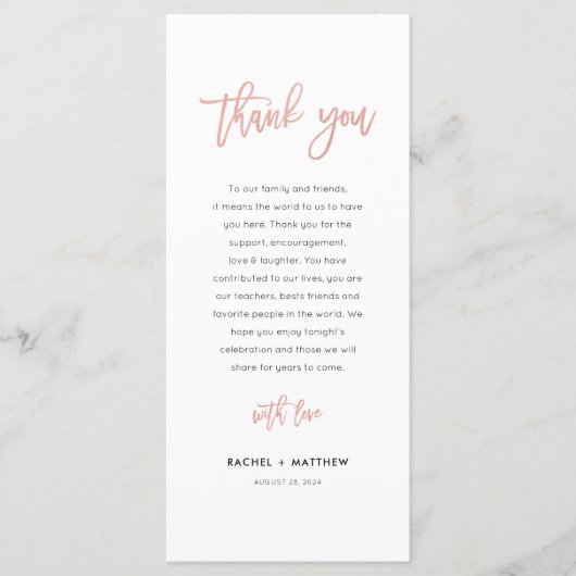 Moderne Messe Rose Gold Hochzeit Dankeschön Card Menükarte (Vorderseite)