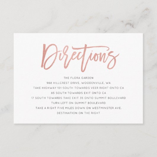 Moderne Messe Rose Gold Wedding Route Card Begleitkarte (Vorderseite)