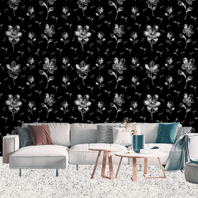Moderne metallische Blume schwarz und silberfarben Tapete (Living Room)