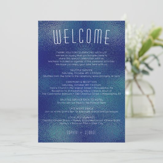 Moderne Metallische Foil Tour Willkommen Einladung (Stehend Vorderseite)