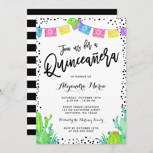 Moderne mexikanische Fiesta Quinceanera Einladung (Vorne/Hinten)