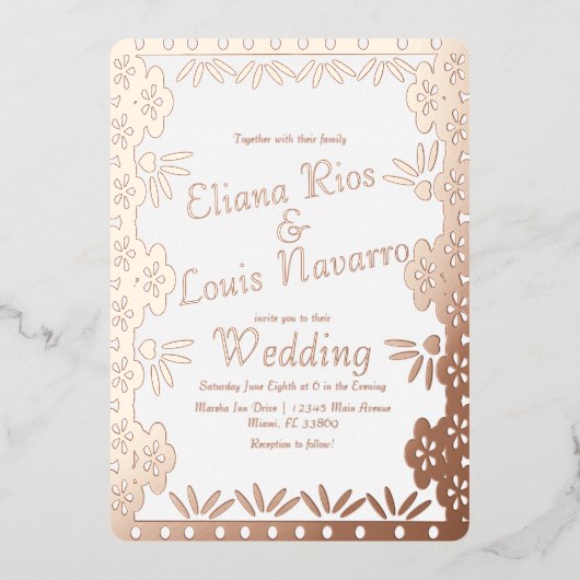 Moderne mexikanische Papel Picado GoldWedding Folieneinladung (Vorderseite)